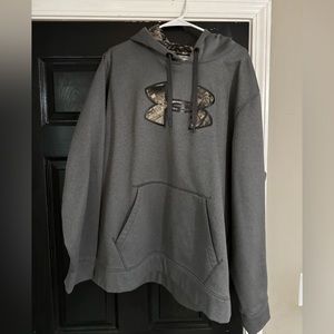 Heather Gray with camo symbol and inside hood, Under Armour hoodie.